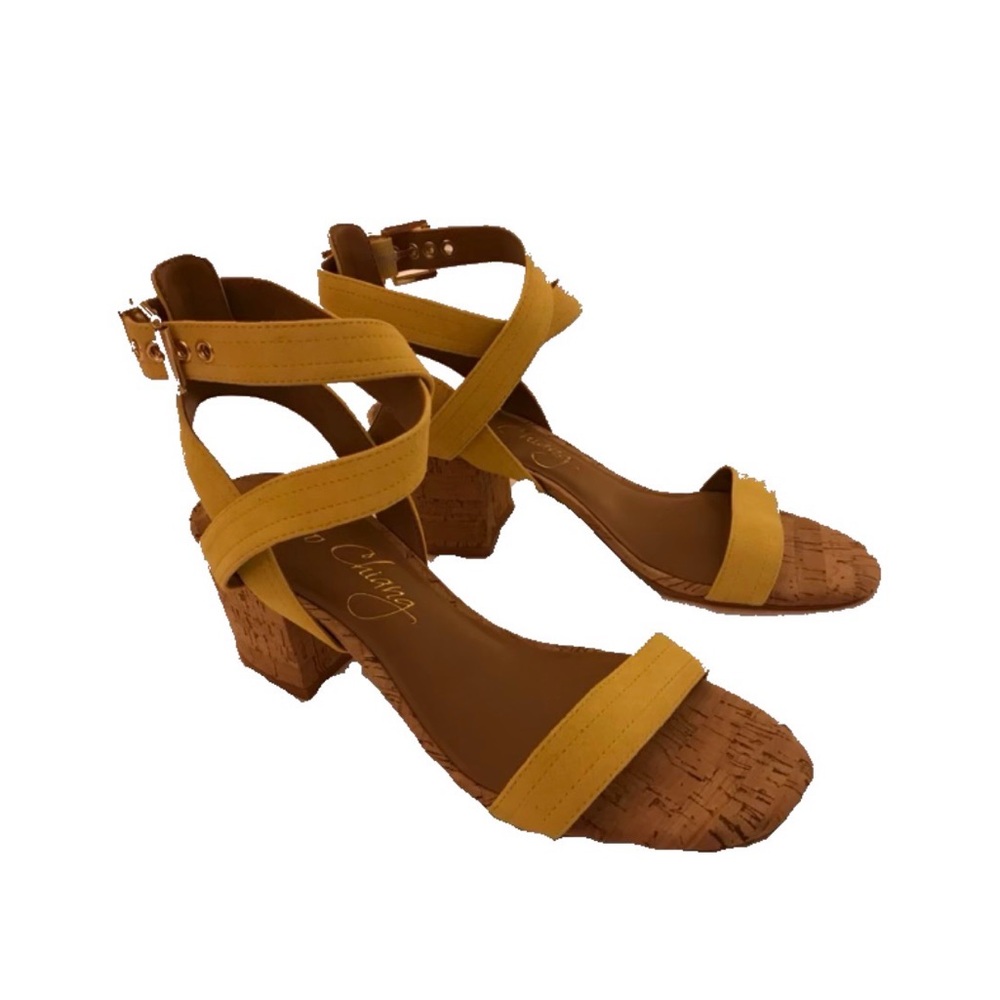 Arturo Chiang Yellow Suede Strappy Block Heel Sandals w/Cork Heel Size 8 1/2”